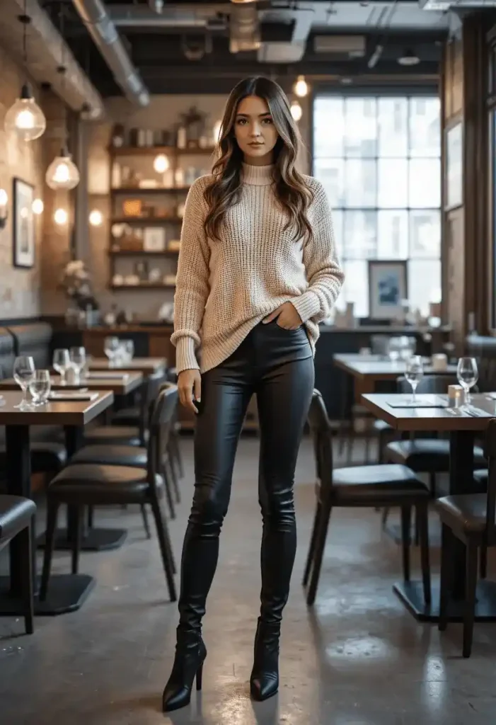 Leather Pants with Soft Knit Top