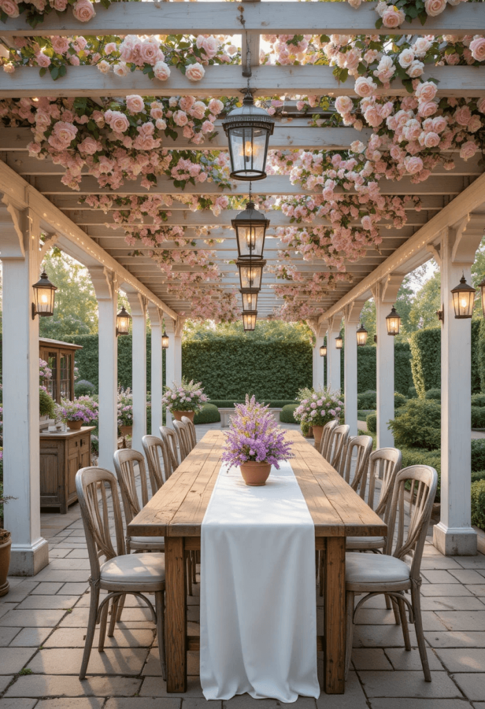 Pergola Dining Patio With String Lights and Climbing Roses