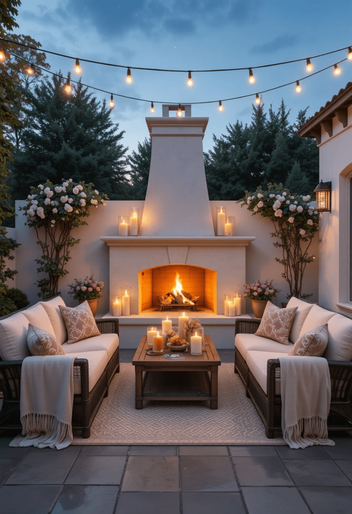 Romantic Evening Patio With Outdoor Fireplace and Candles