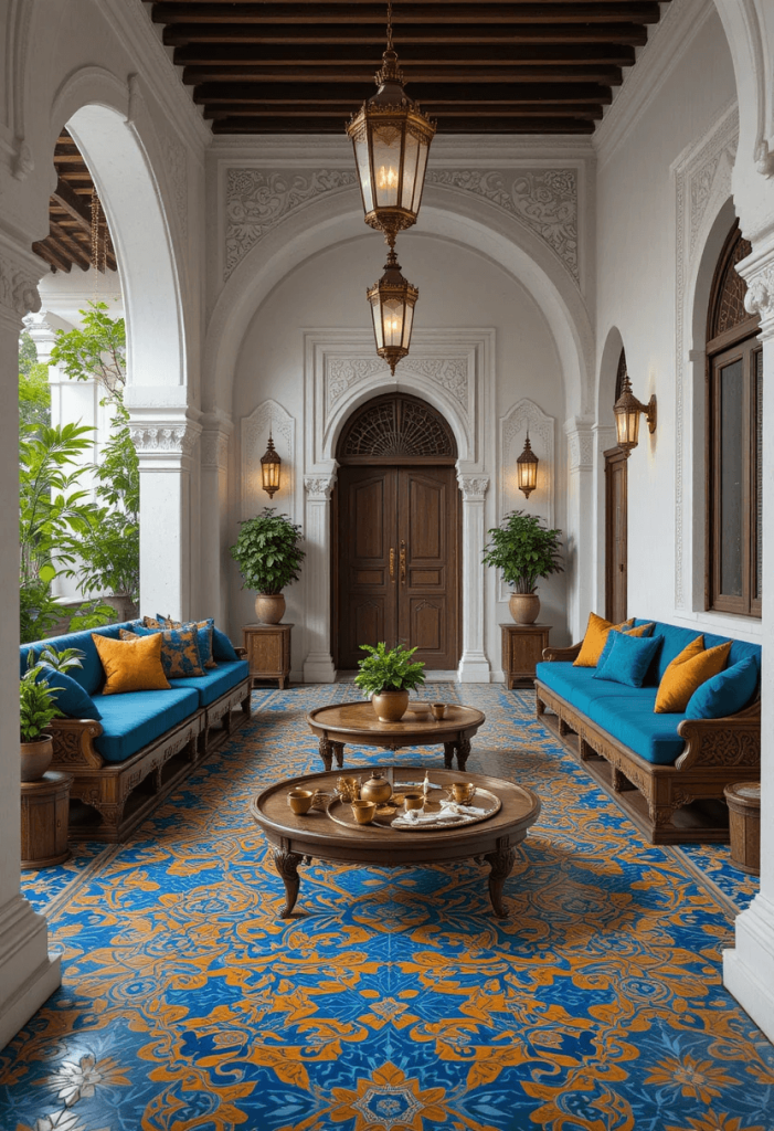 Colourful Moroccan Patio With Zellige Tiles and Brass