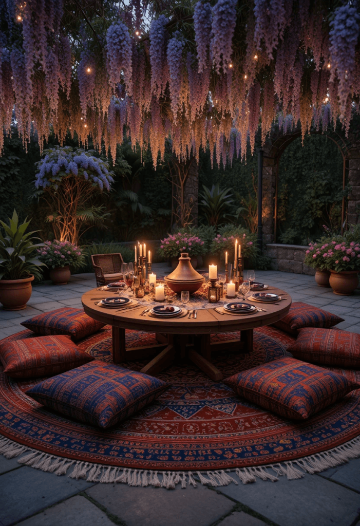 Boho Outdoor Dining With Rugs, Lanterns, and Low Table