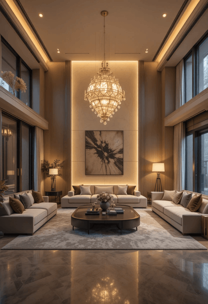 Neutral Living Room with Statement Lighting
