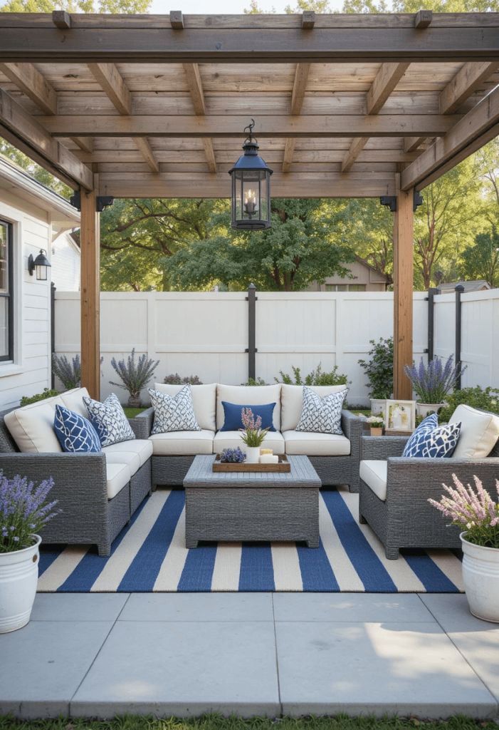 Modern Farmhouse Patio With Grey Wicker and Wood Accents