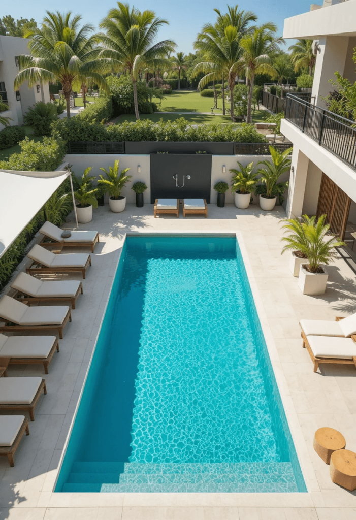 Pool Deck Patio With Teak Furniture and Outdoor Shower