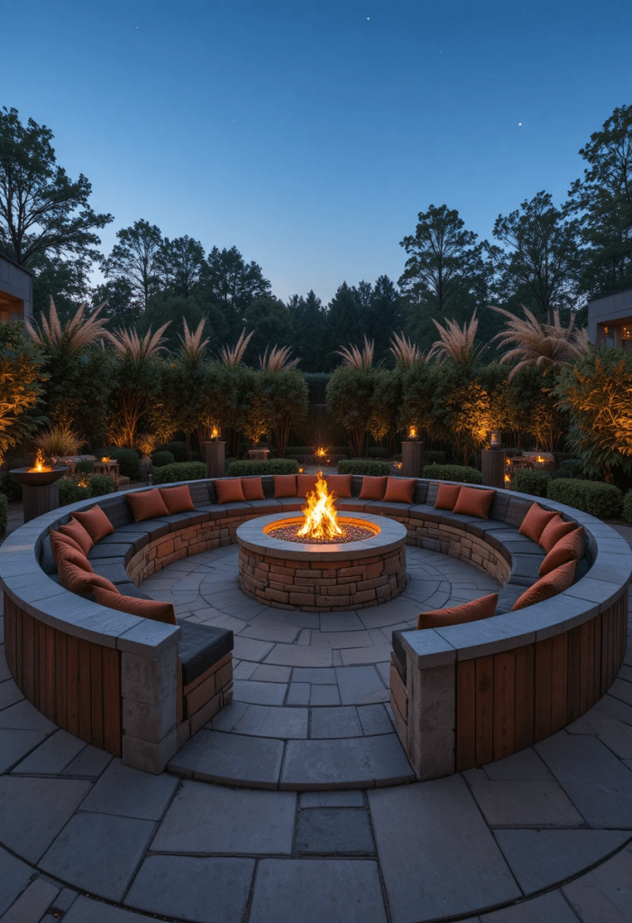 Fire Pit Lounge Area With Built-In Stone Seating