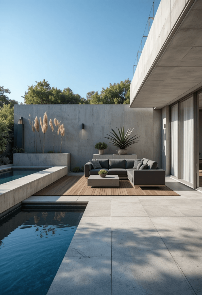 Modern Concrete Patio With Minimalist Planters and Water Feature