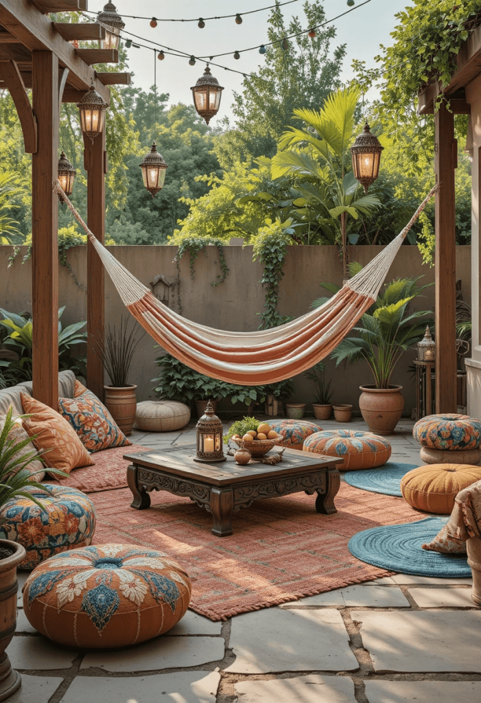Bohemian Patio With Hammock and Layered Rugs