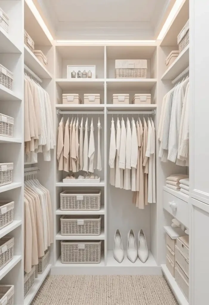 The All-White Organised Wardrobe With Matching Hangers and Baskets