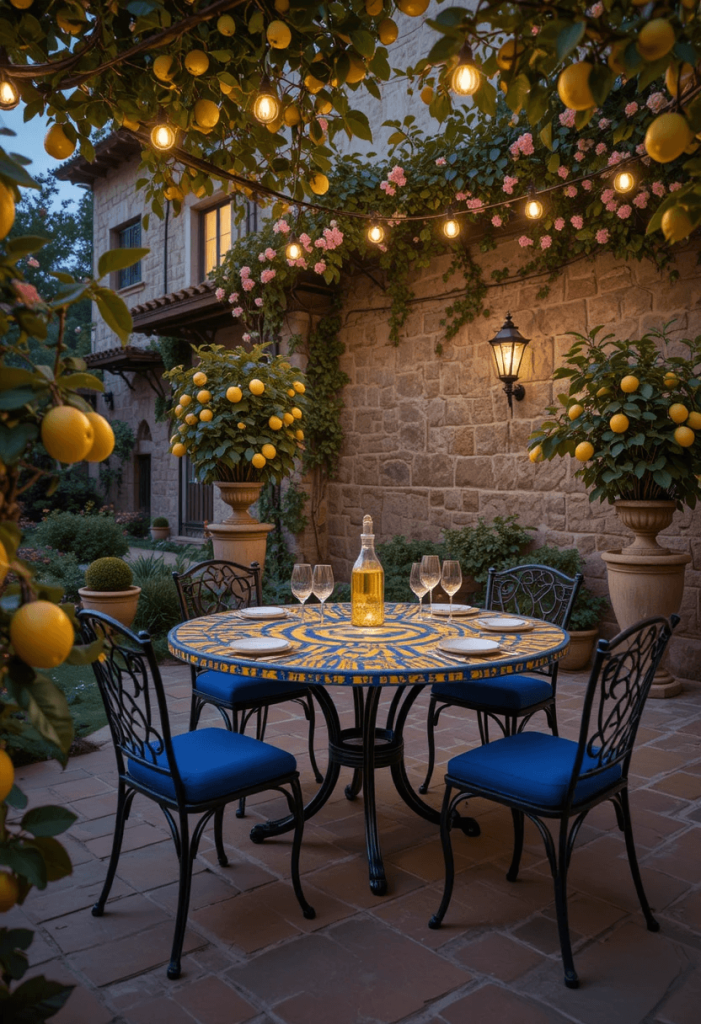 Garden Dining Terrace With Lemon Trees and String Lights