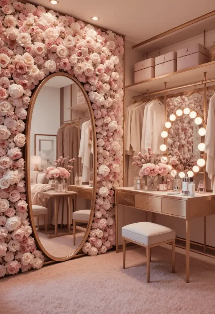 The Feminine Pink Dressing Room With Flower Wall and Vanity