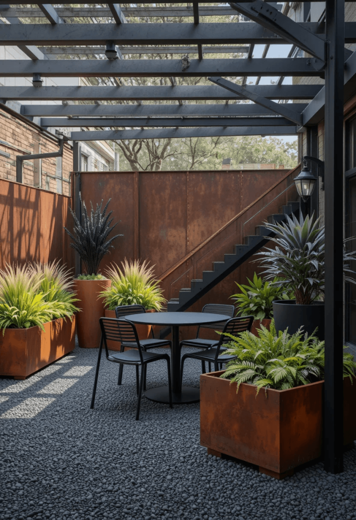 Industrial Urban Patio With Corten Steel and Dark Gravel