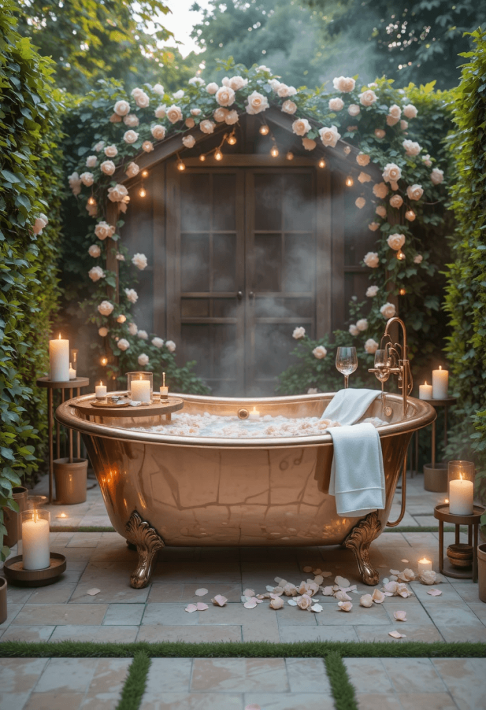 Outdoor Bathtub in Garden Setting With Candles and Roses