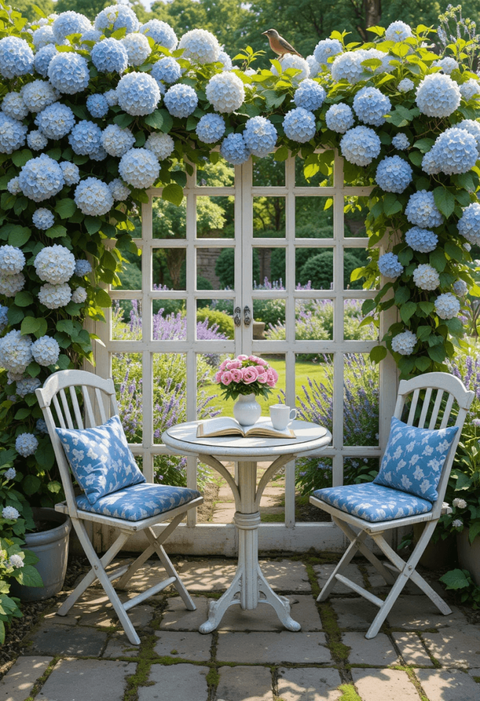 Cottage Garden Patio With Climbing Hydrangeas and Tea Setup