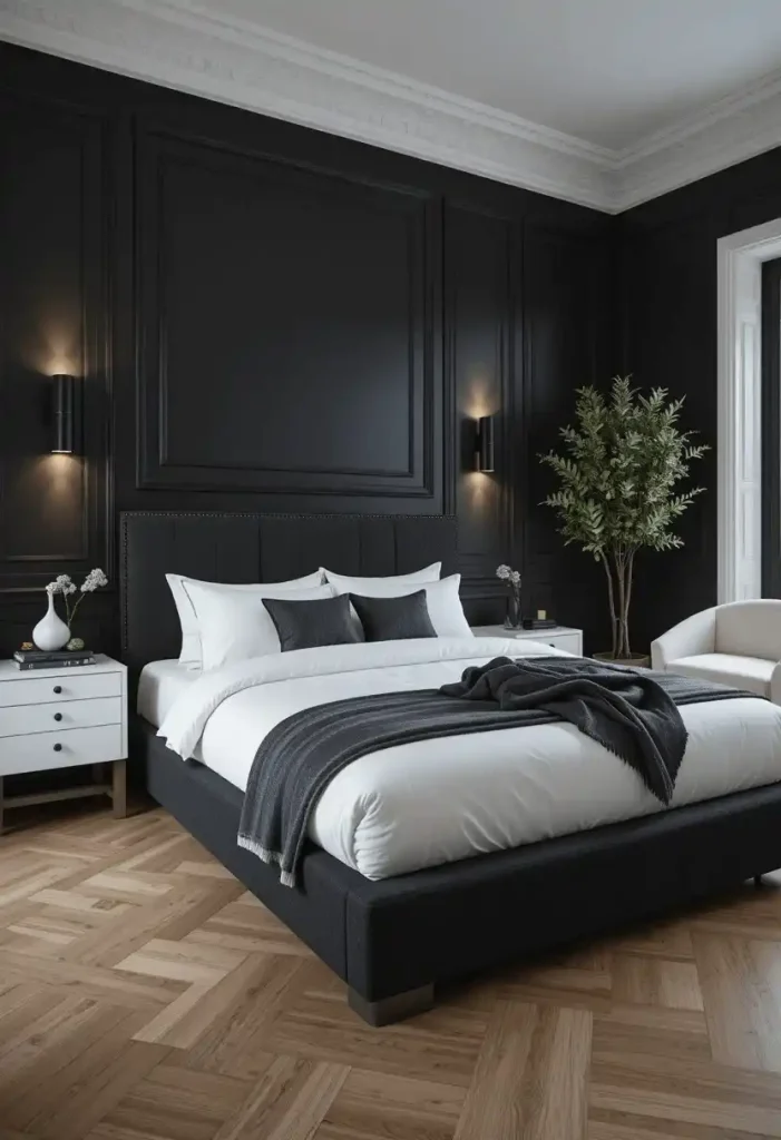 Black, White, And Brass Architectural Bedroom