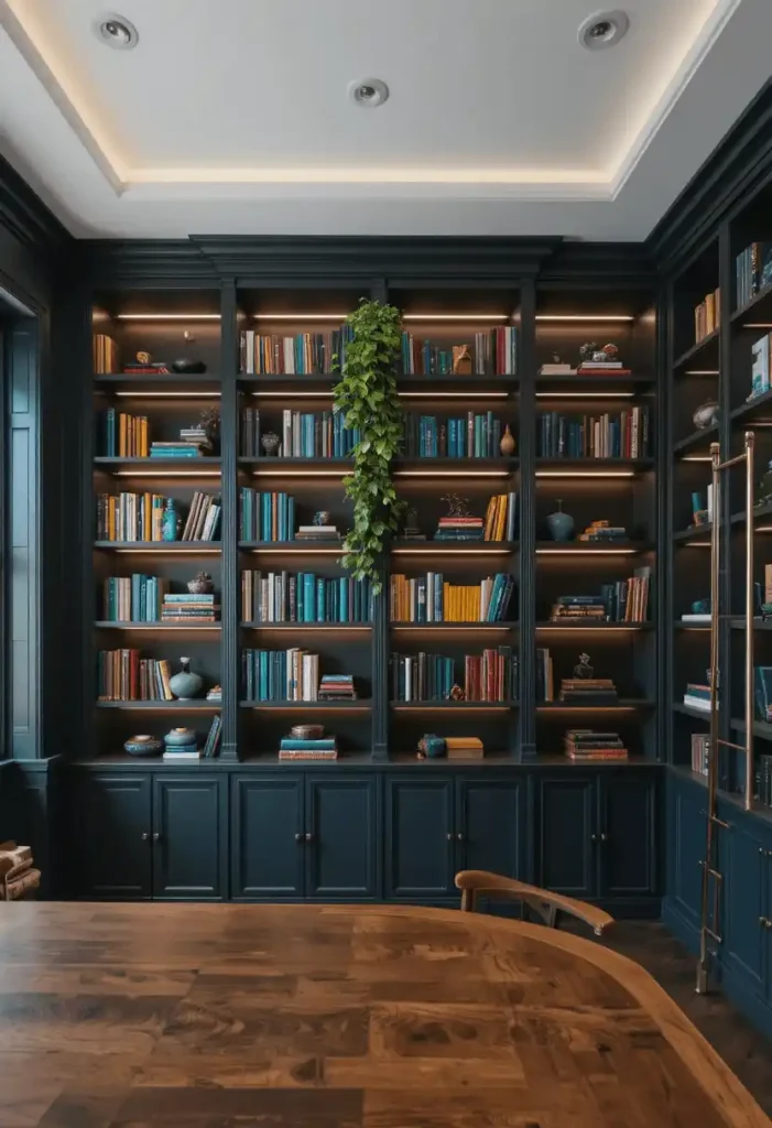 Built-In Dark Wood Bookshelves Floor to Ceiling