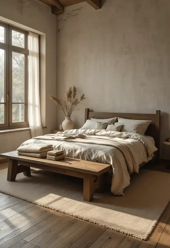 Introduce a Rustic Wooden Bench at the Foot of the Bed